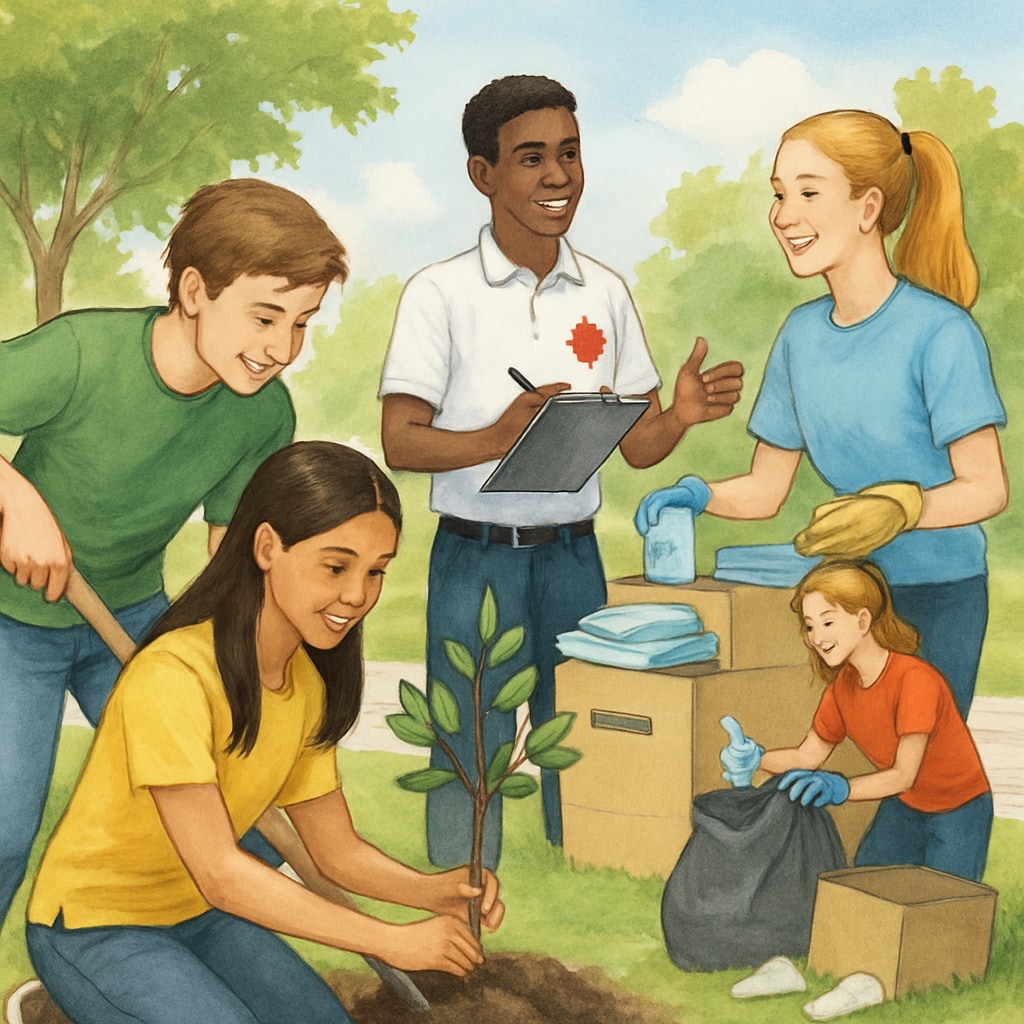 A group of Canadian high school students participating in a community service project, showcasing teamwork and leadership skills. Canadian high school students working together on a community service project.