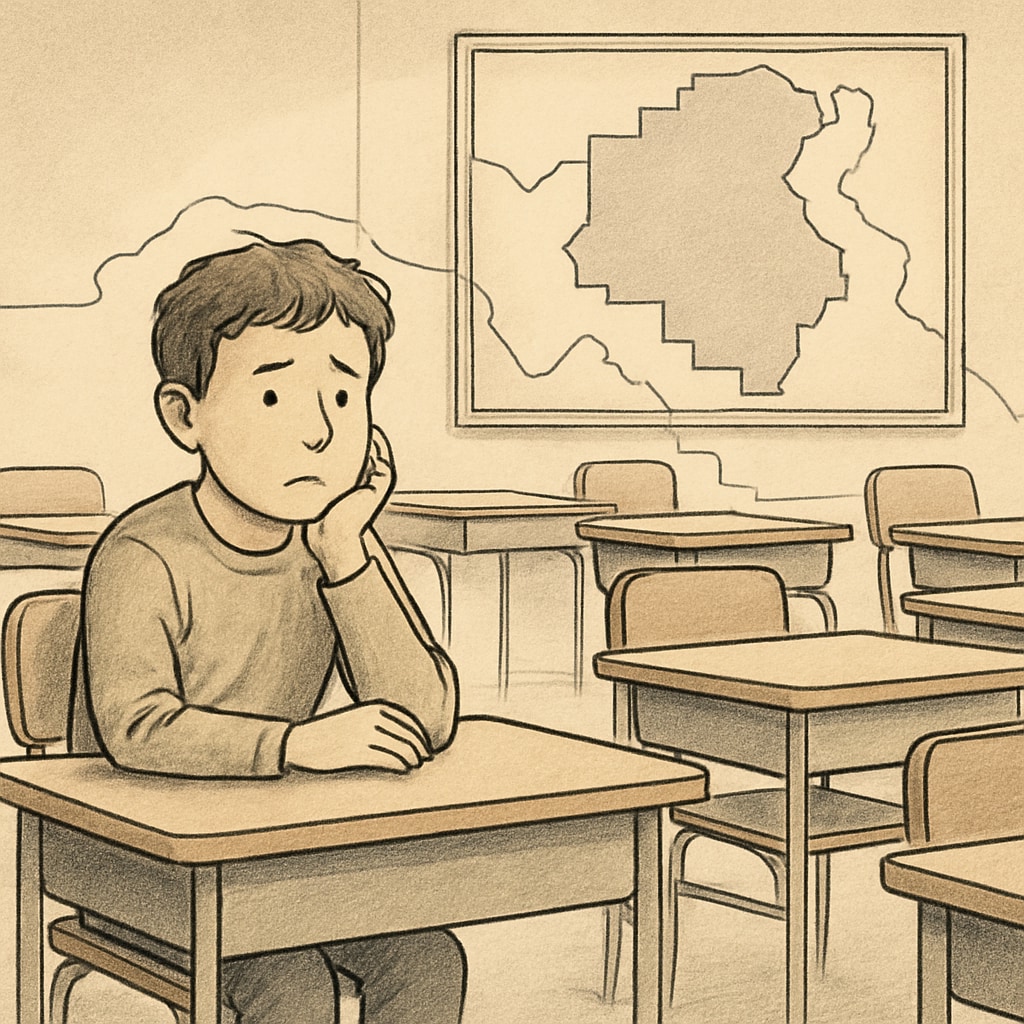 A student sitting in a classroom, looking concerned and isolated, symbolizing the impact of school district barriers on educational choice. A student appearing worried in a classroom, representing challenges in school transfers.