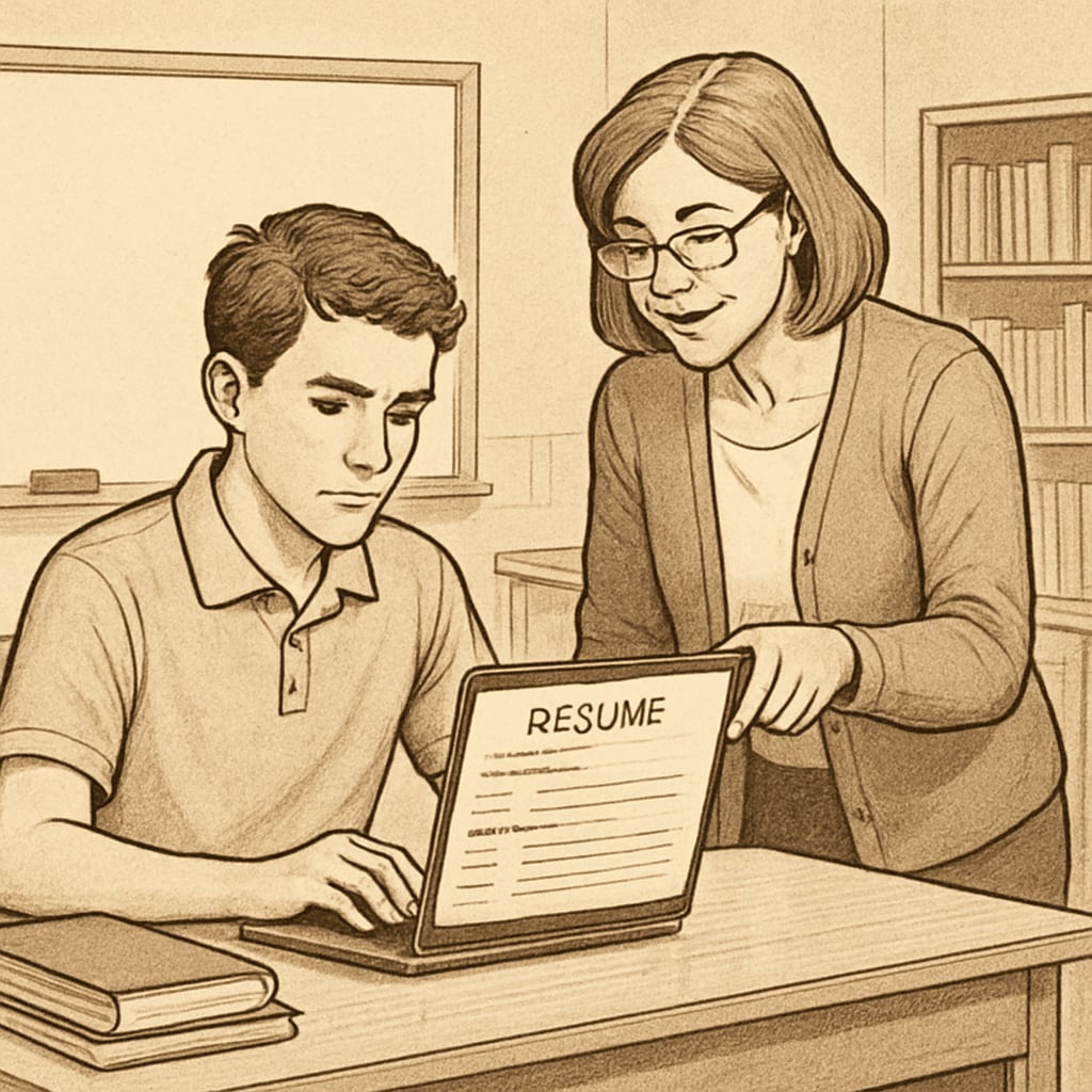 A high school student working on their resume using a laptop, with a teacher providing guidance. Student creating a resume with teacher assistance, focusing on Canadian standards.