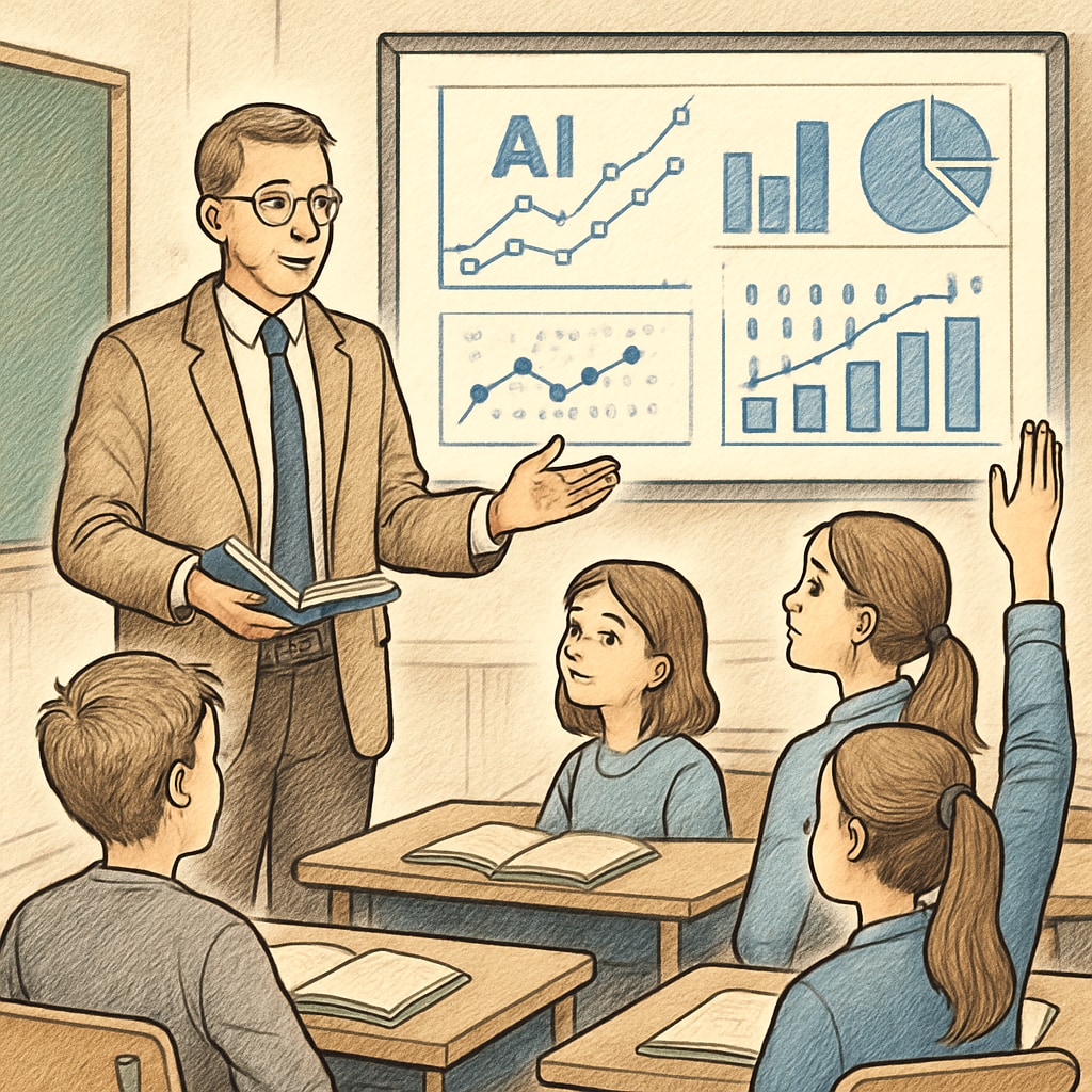 An educator interacting with students in a classroom, supported by AI data analytics displayed on a screen. Teacher facilitating AI-driven classroom interactions.