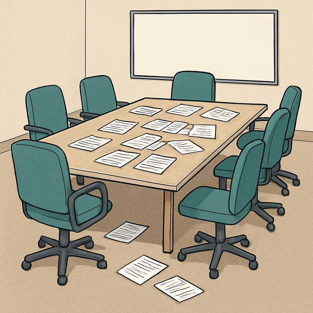A meeting room with empty chairs and scattered documents, symbolizing the lack of coordination between school districts. An empty meeting room with papers, showing disorganized communication among districts.