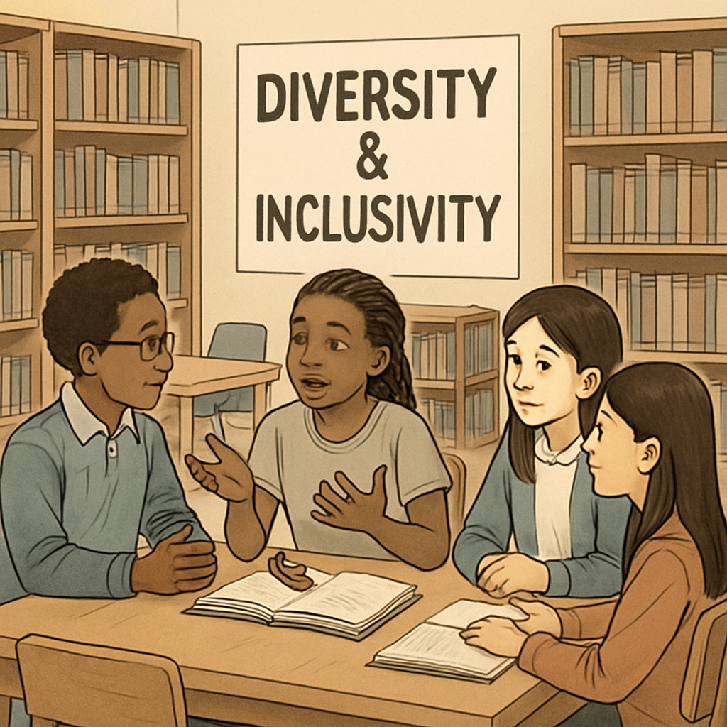 Students in a library discussing diversity and inclusivity in the context of education.