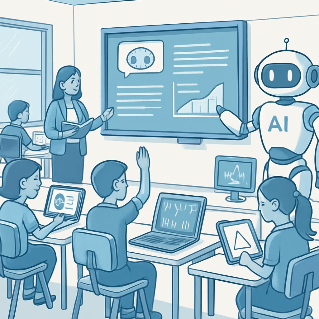 A futuristic classroom with AI-powered tools assisting students, showcasing the integration of artificial intelligence in education. AI-powered classroom tools in education reform