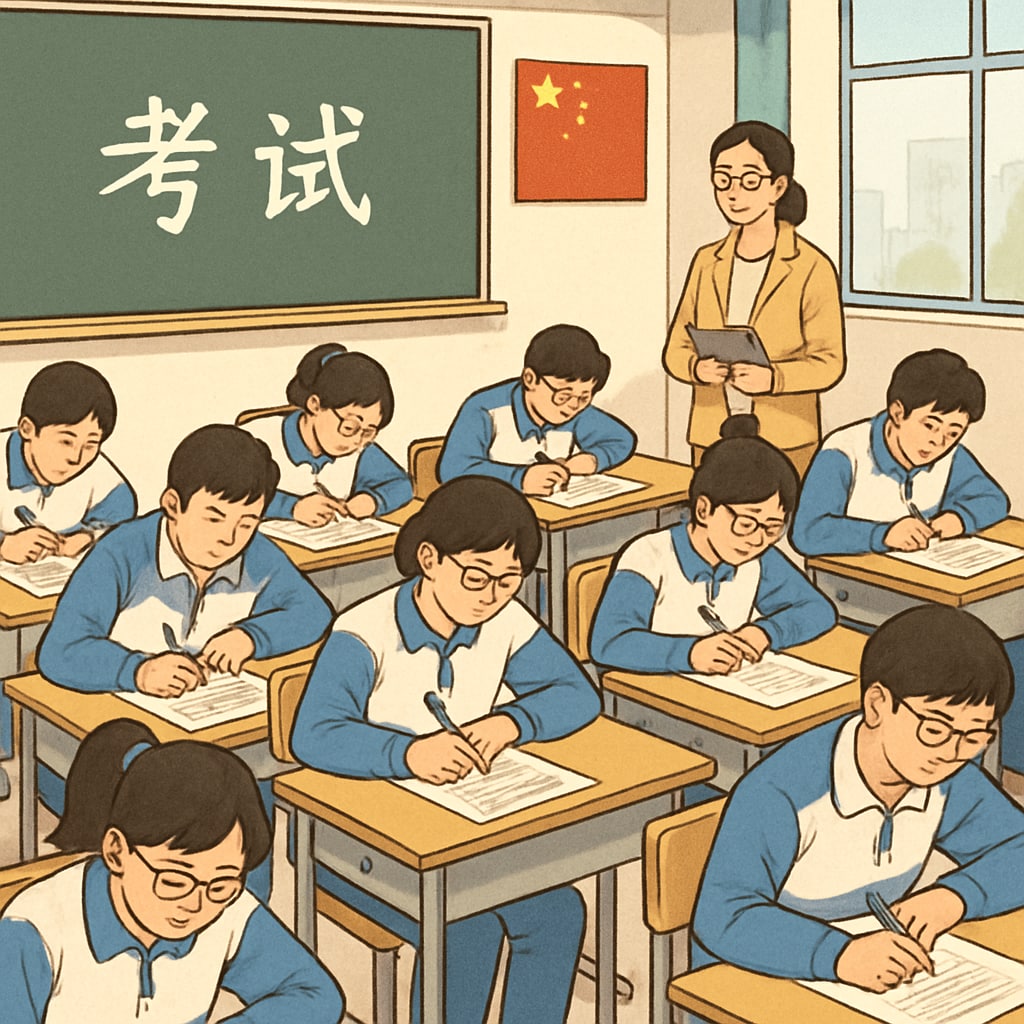 Standardized testing in Chinese classrooms reflecting high-pressure learning.