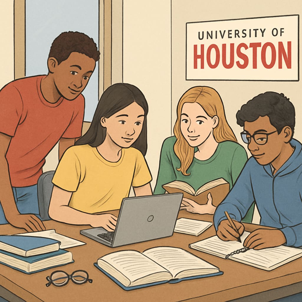 A group of K12 students collaborating in a study room at the University of Houston, showcasing teamwork and academic engagement. K12 students in a University of Houston study room collaborating on academic projects.