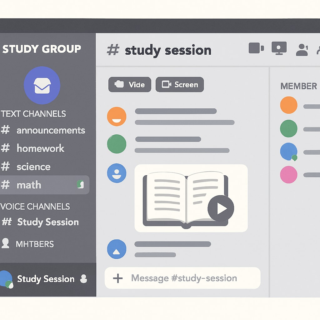 A screenshot of a Discord server focused on academic collaboration for K12 students, highlighting the platform’s tools for virtual study sessions. Discord server screenshot showing K12 students collaborating on academic topics.