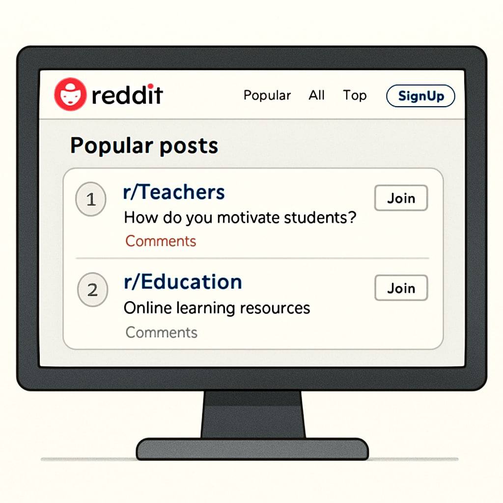 Reddit homepage highlighting education-focused subreddits for K12 educators and parents.