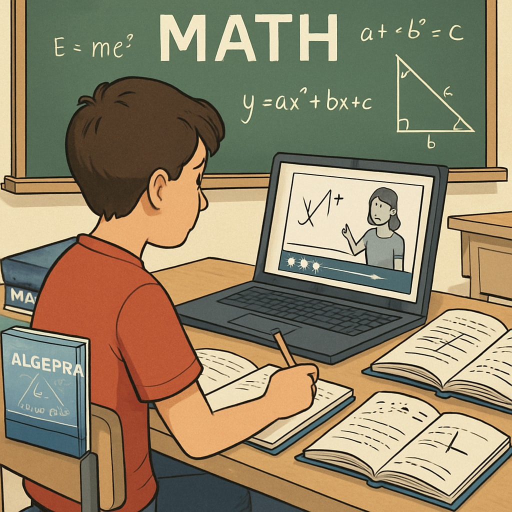 A student sitting at a desk with math books and a laptop, using online resources like YouTube to study math concepts. Student studying math using YouTube resources for recruitment tests.