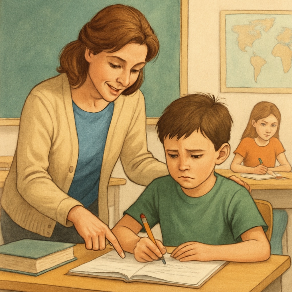 Nurturing care shown through a teacher supporting a struggling student in a classroom.