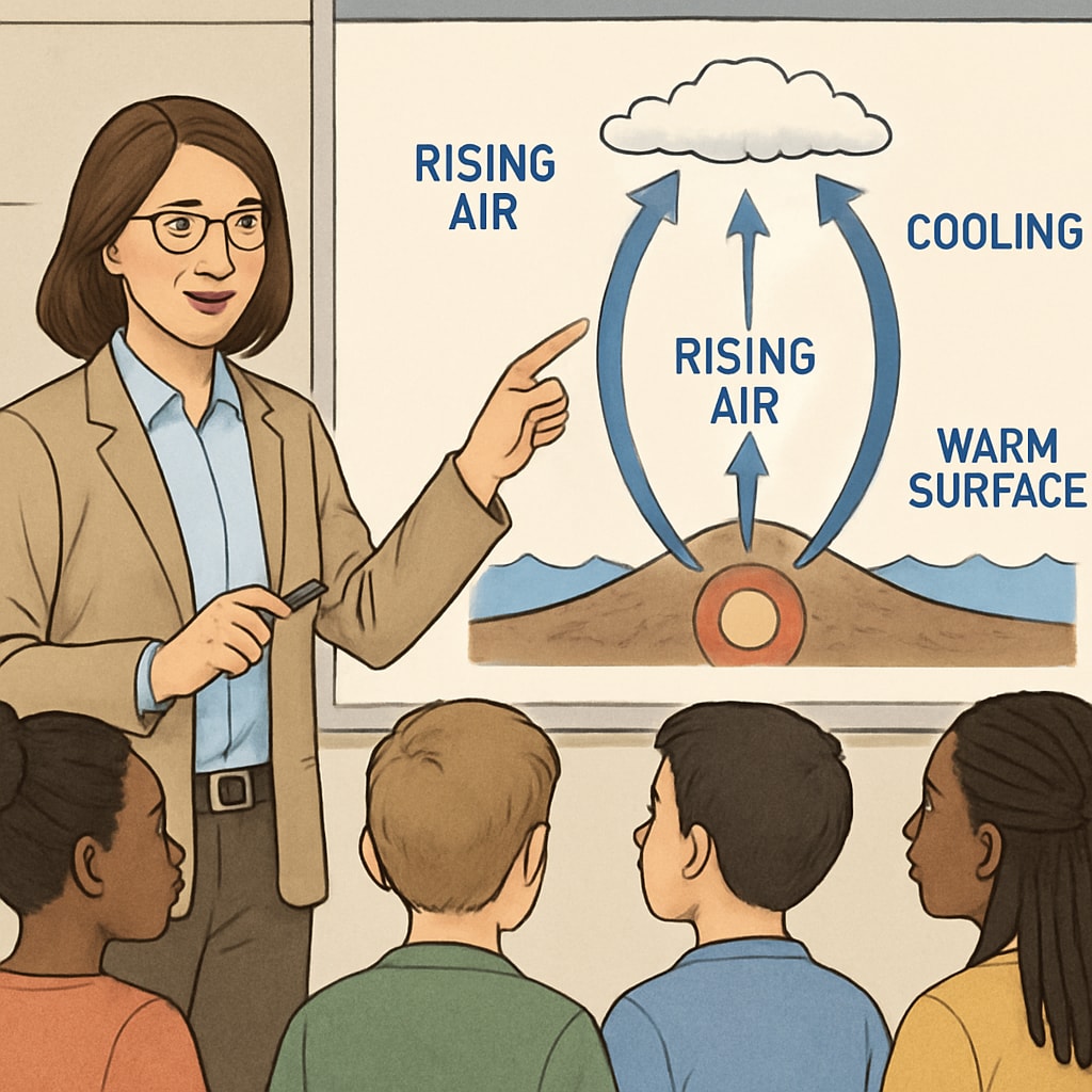 A teacher using a diagram to explain a science concept to diverse students. Inclusive science teaching with a teacher and diverse students.
