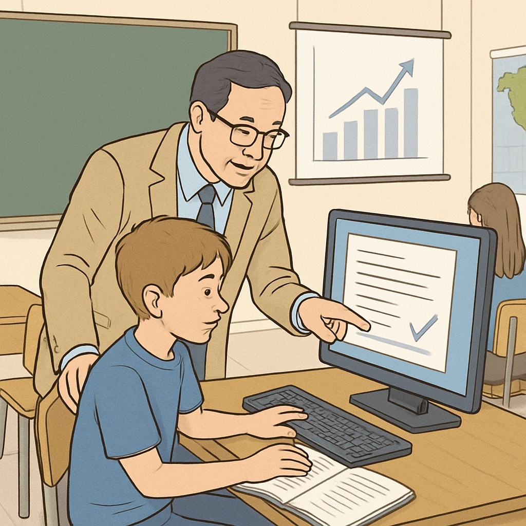 A classroom setting where a teacher is reviewing a student's work on a computer, emphasizing the use of technology in education. Teacher reviewing a student's assignment to prevent plagiarism errors.