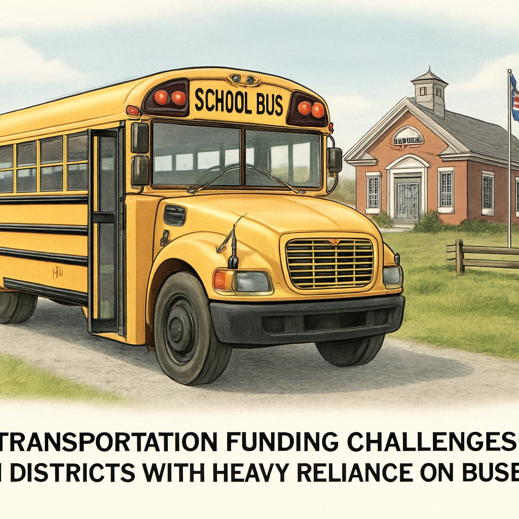 A school bus parked near a rural school, representing funding challenges in transportation-heavy districts. School funding, per-student expenditure, transportation systems