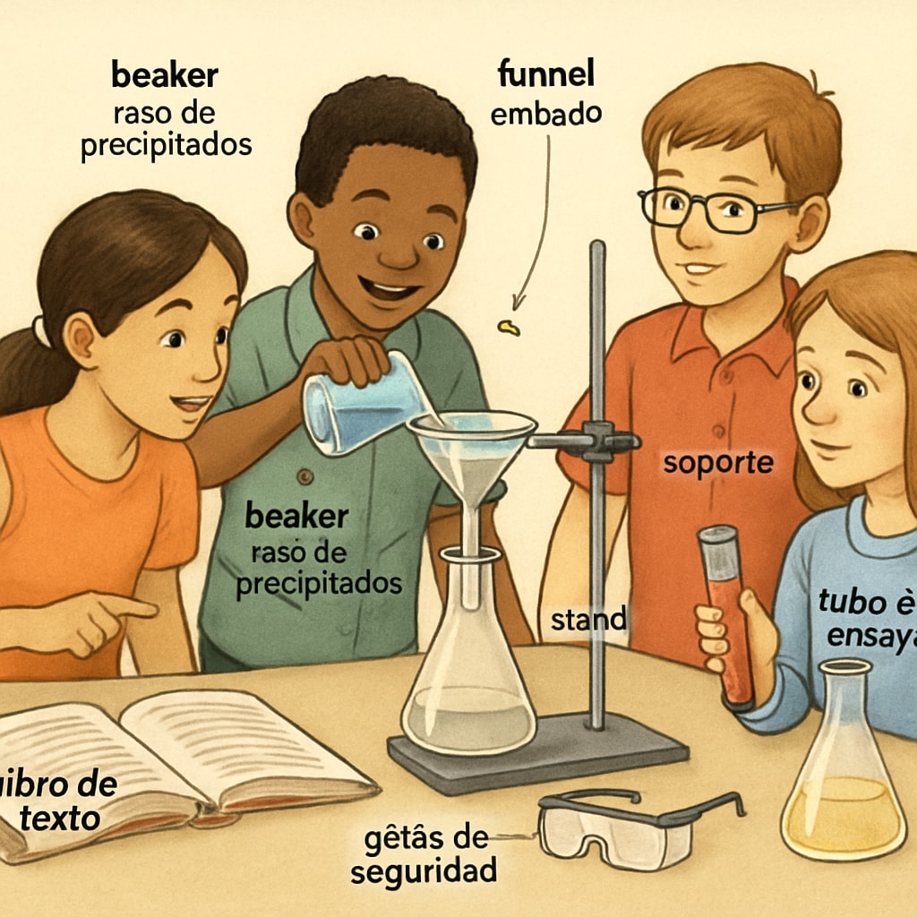 Students engaged in a hands-on science experiment, with bilingual labels on materials. Students conducting a science experiment with bilingual support tools.