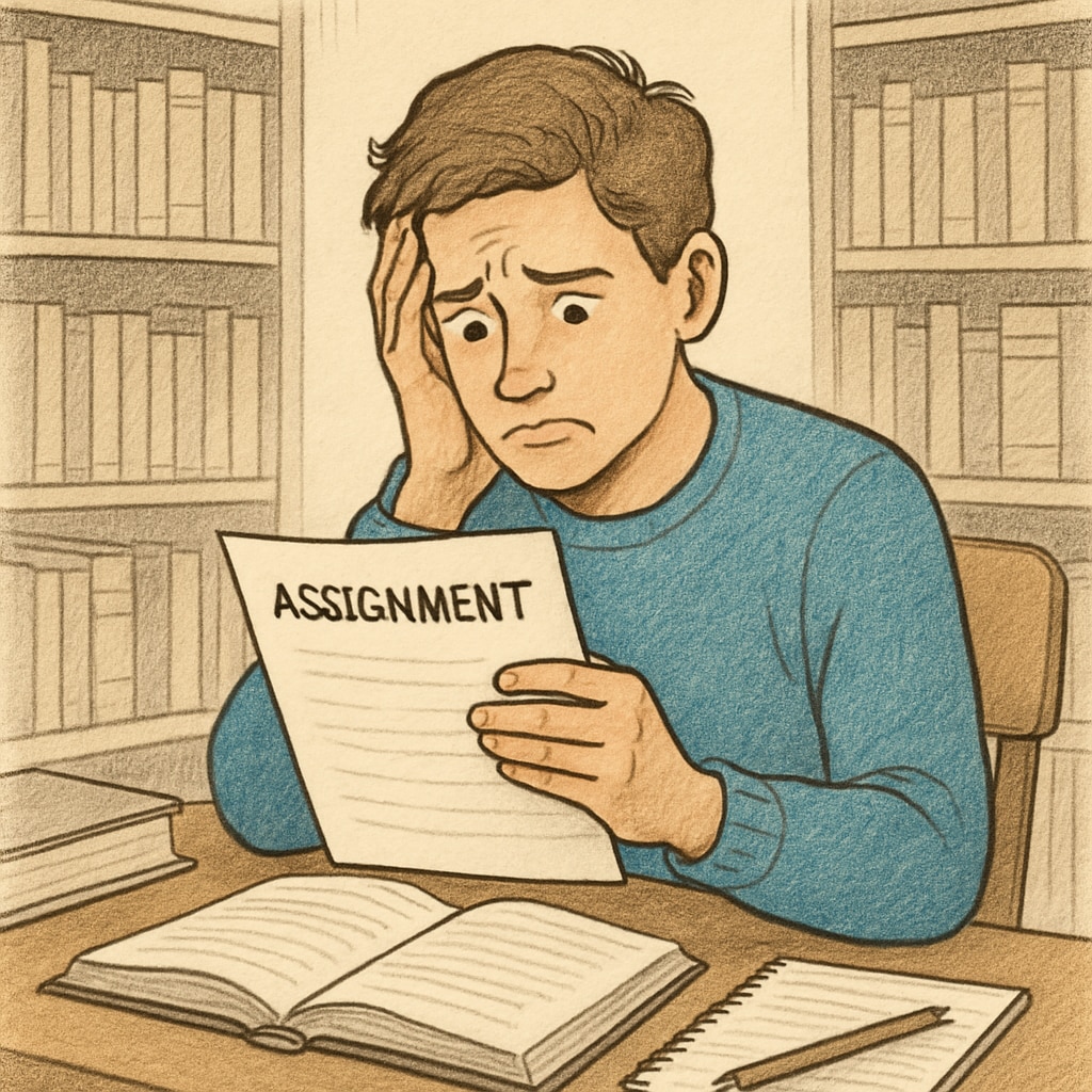 An upset student in a library, looking worried while holding their assignment, symbolizing the emotional toll of wrongful accusations. Worried student holding their assignment after a plagiarism accusation.