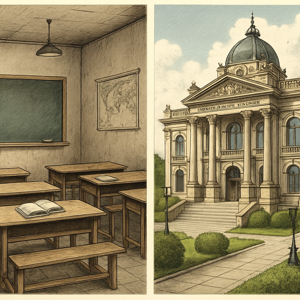 Comparison of a poorly resourced classroom and a luxurious school administration building.