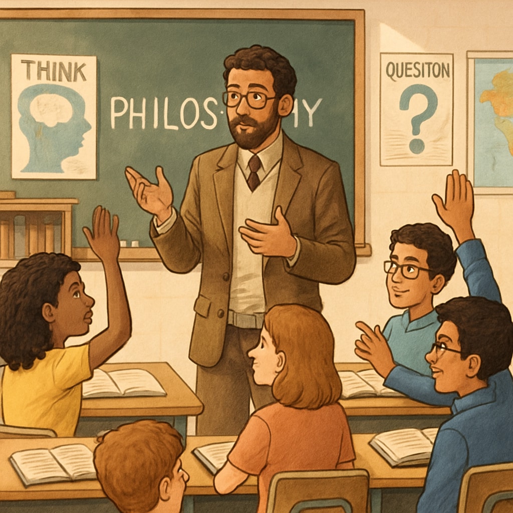 A classroom setting where a teacher is engaging students in philosophical discussion. Students are actively participating and exchanging ideas. Philosophy teacher leading a discussion on critical thinking in a classroom during a social experiment.