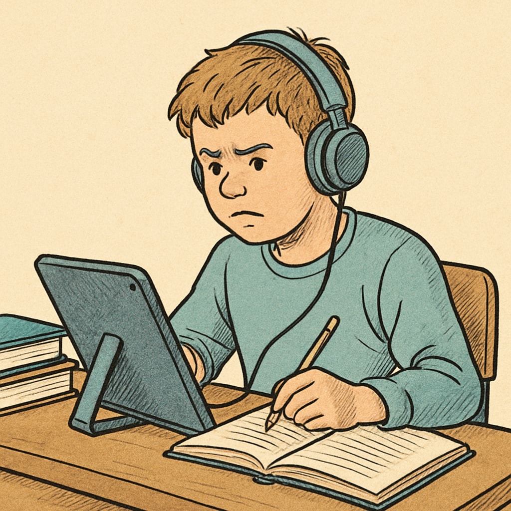 A student with a learning difficulty studying with assistive technology, representing resilience and determination. A student using assistive technology for learning, symbolizing overcoming educational challenges.