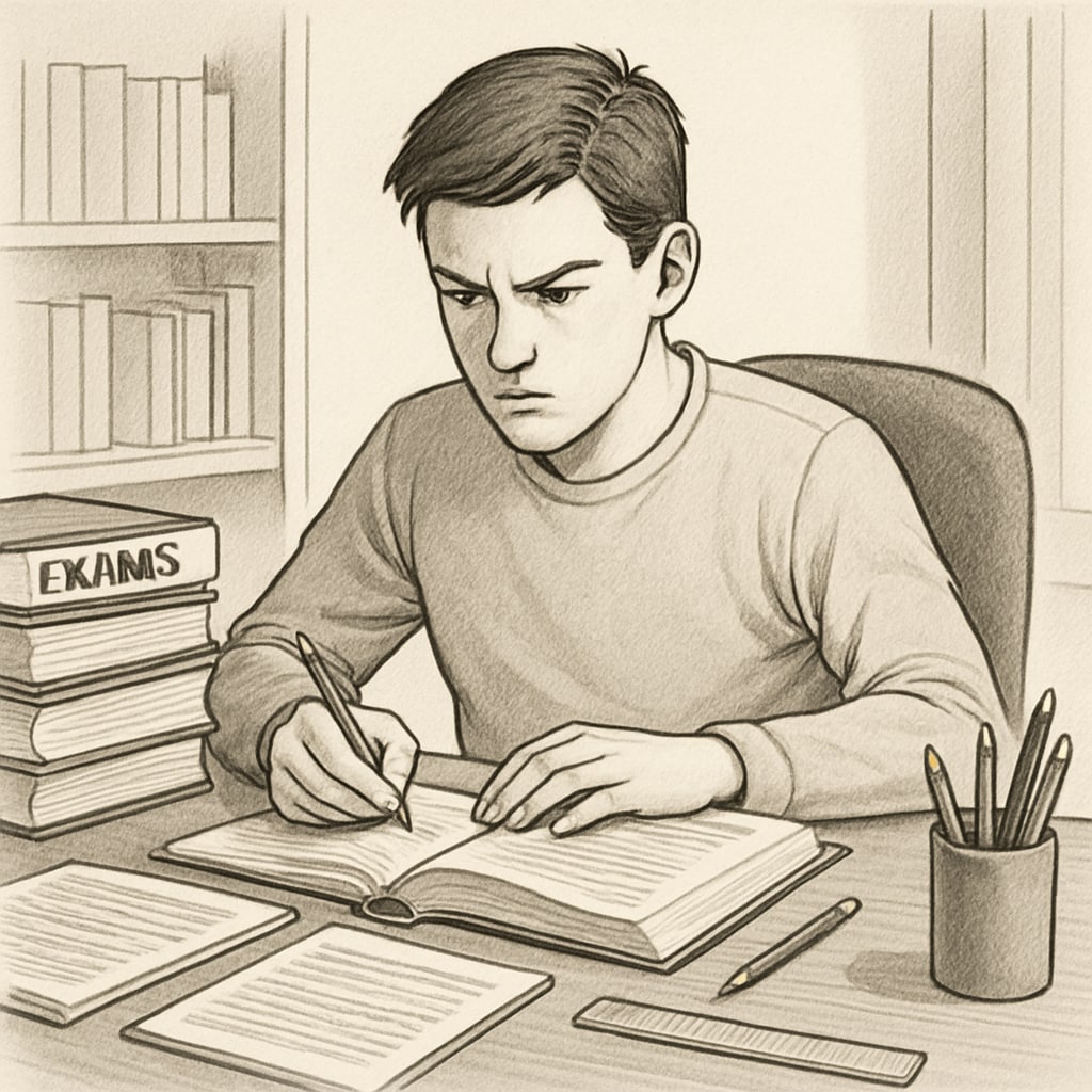 A determined student studying for A-level retakes with textbooks and notes around them. Student preparing for A-level exam retakes.