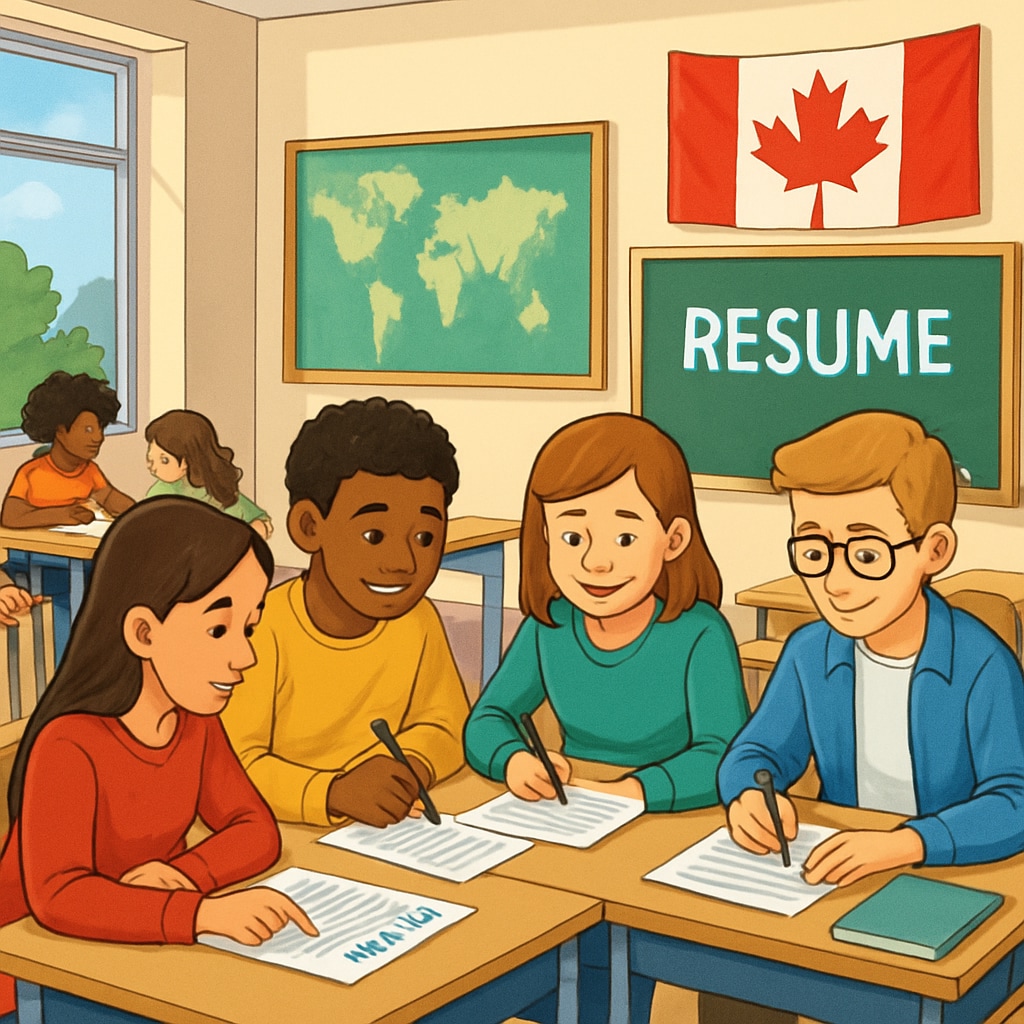 A classroom setting in Canada where students are working collaboratively on resume-building activities. Students in Canada participating in resume workshops as part of career planning.