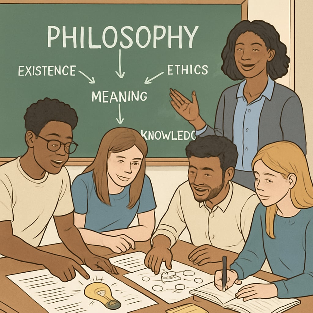 A diverse group of students brainstorming philosophical concepts with a teacher guiding them. Students are using visual aids and notes. Students collaborating with a philosophy teacher on ethical and philosophical ideas as part of a K12 social experiment.