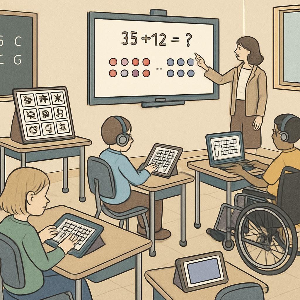 A classroom equipped with assistive technologies, showcasing an inclusive learning environment. An inclusive classroom with modern tools for students with diverse learning needs.