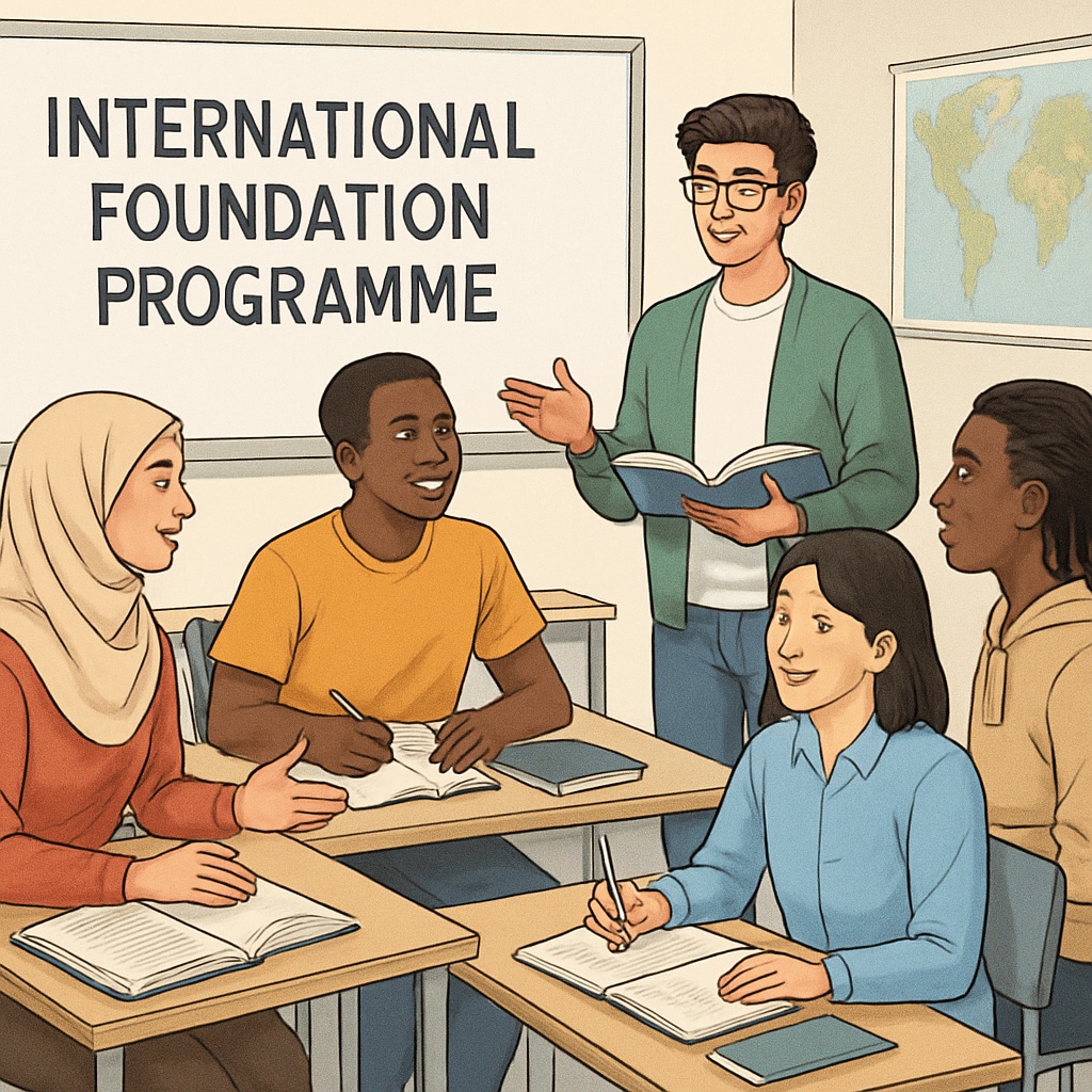Students from diverse backgrounds attending an international foundation program in a modern classroom setting. Diverse students in an international foundation year program classroom.