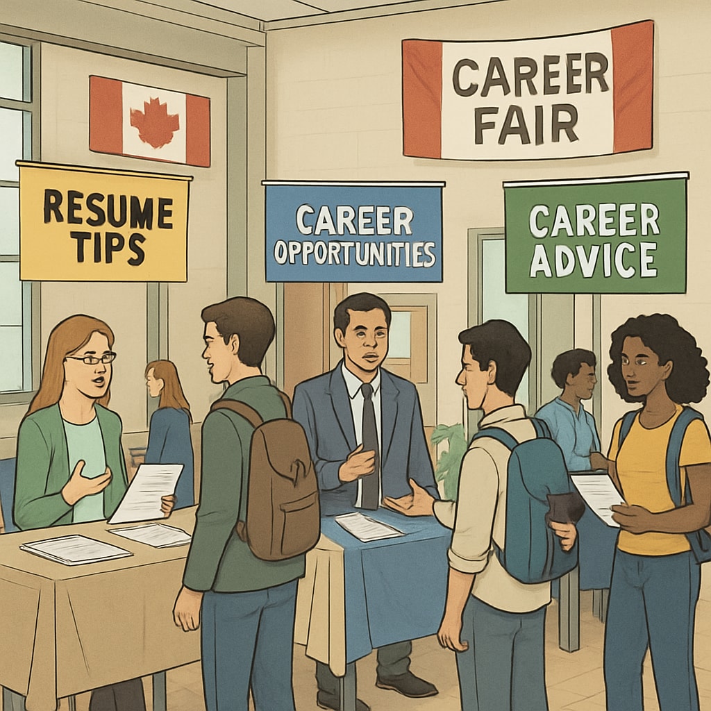 A career fair in a Canadian school where students interact with professionals and receive resume tips. Canadian students at a school career fair engaging with professionals to receive resume advice.