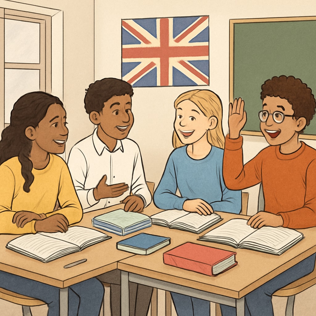 A group of diverse students in the UK engaging in a classroom discussion, symbolizing collaborative learning opportunities. UK students in a classroom, representing education recovery and collaborative learning.
