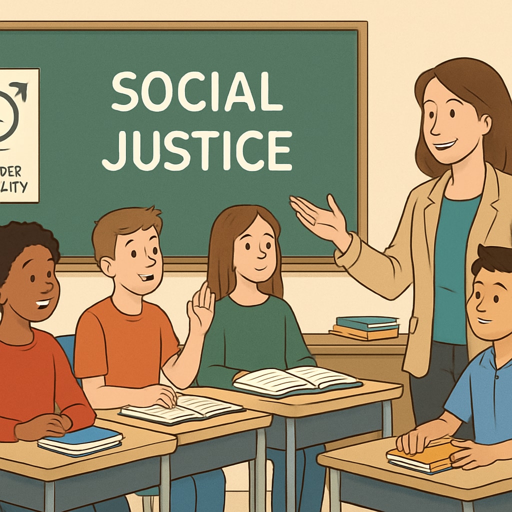Students and a teacher discussing social justice topics in a school environment.