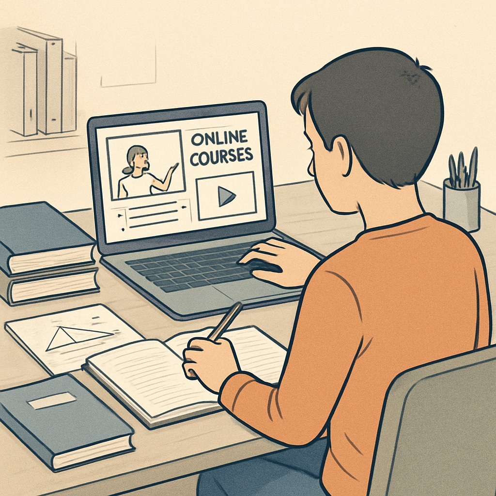 A student studying at home using an online learning platform, demonstrating off-campus educational opportunities. High school student using an online learning platform as part of off-campus learning resources.