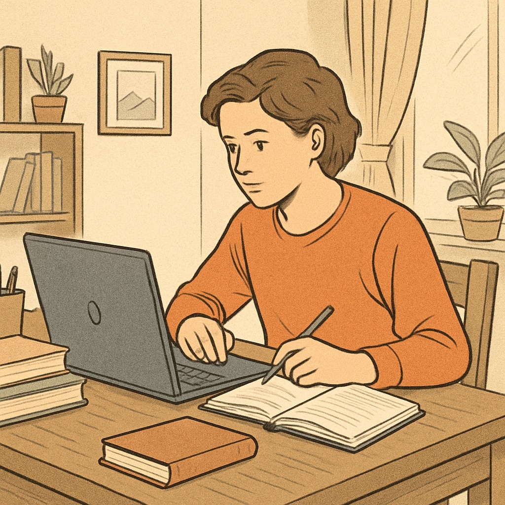 A student studying on a laptop at home, highlighting the role of online learning in education recovery. Student using an online learning platform, showcasing flexible education pathways in the UK.