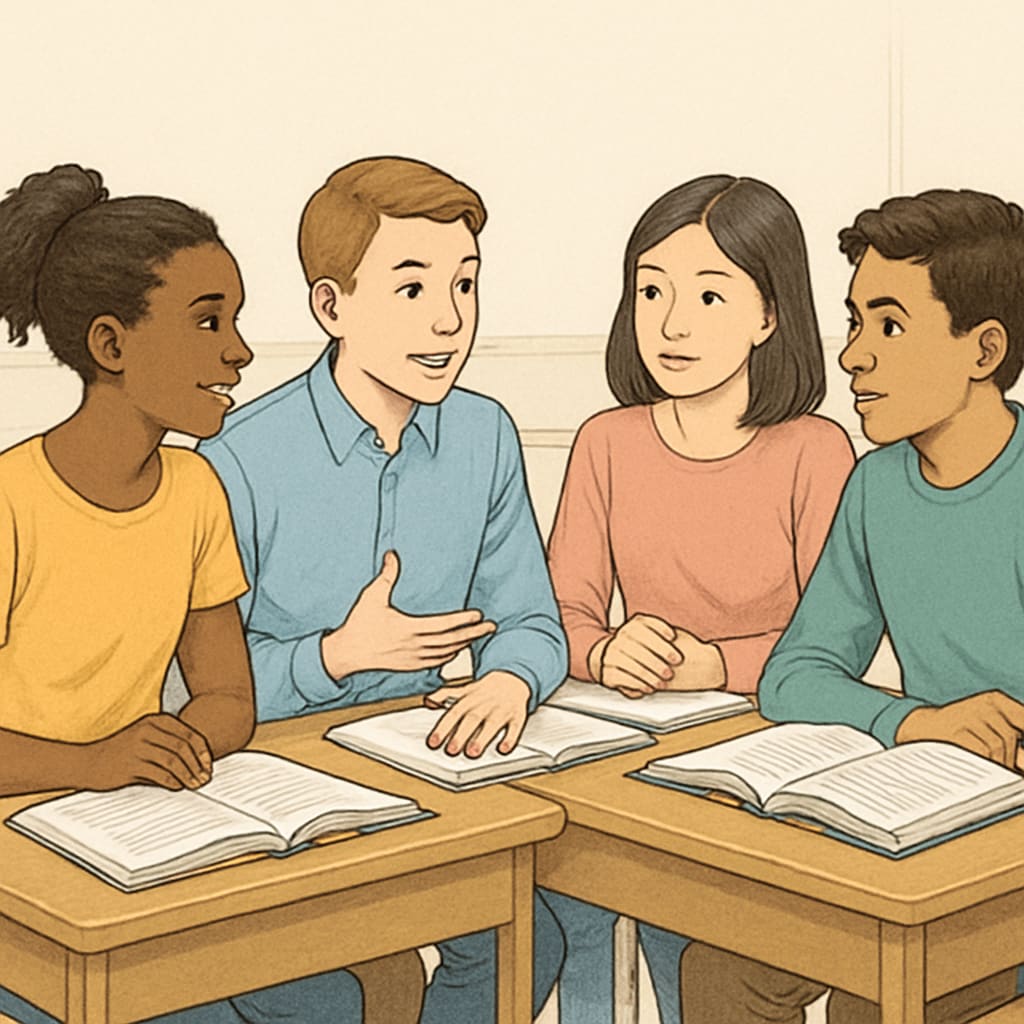 Diverse students discussing a topic in a classroom setting.