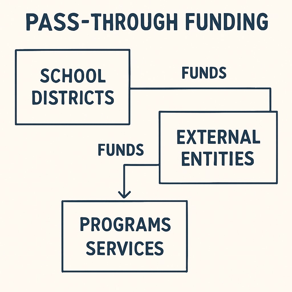 A diagram illustrating pass-through funding, showing how funds are transferred from school districts to external entities. Diagram of pass-through funding in school budgets.
