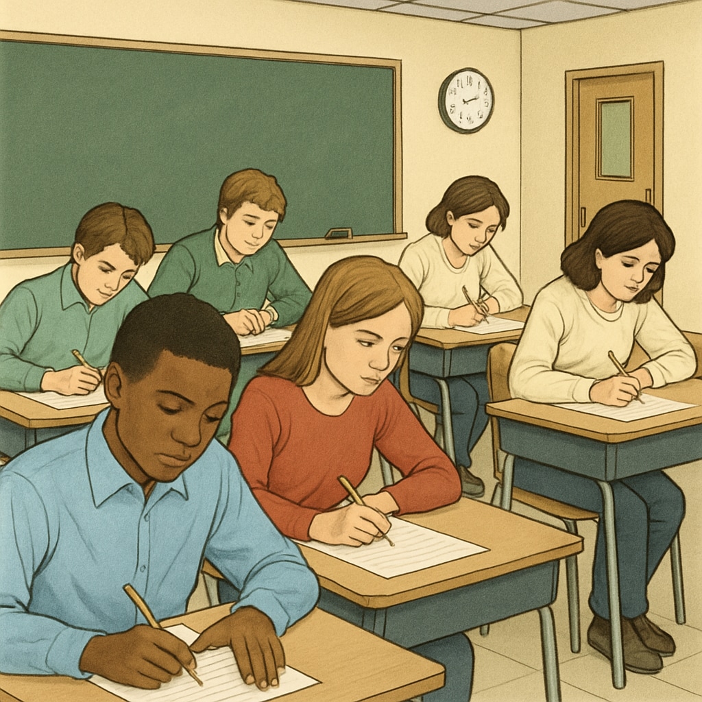 Students taking a traditional competitive exam in a classroom.