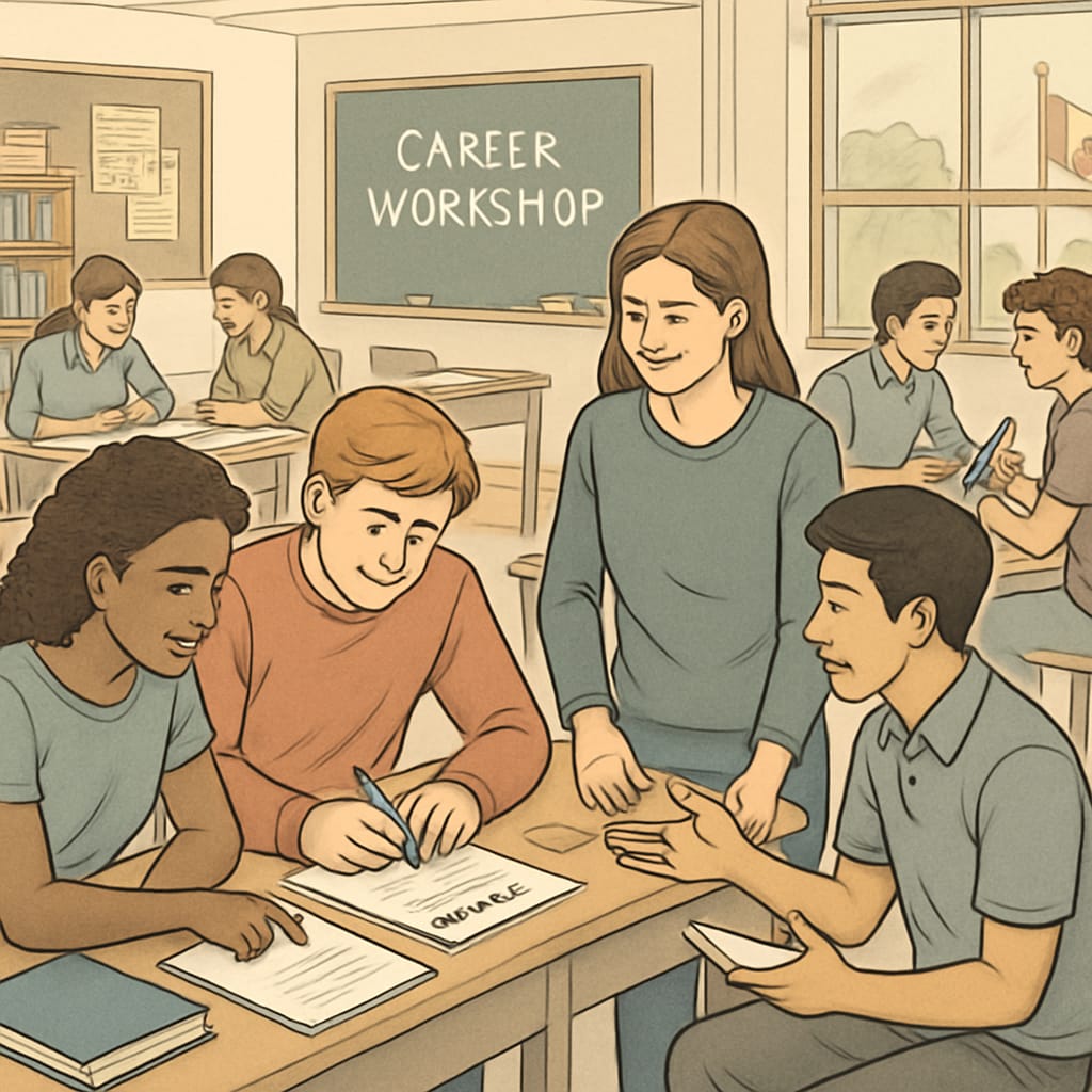 Canadian high school students attending a career workshop to build resumes.
