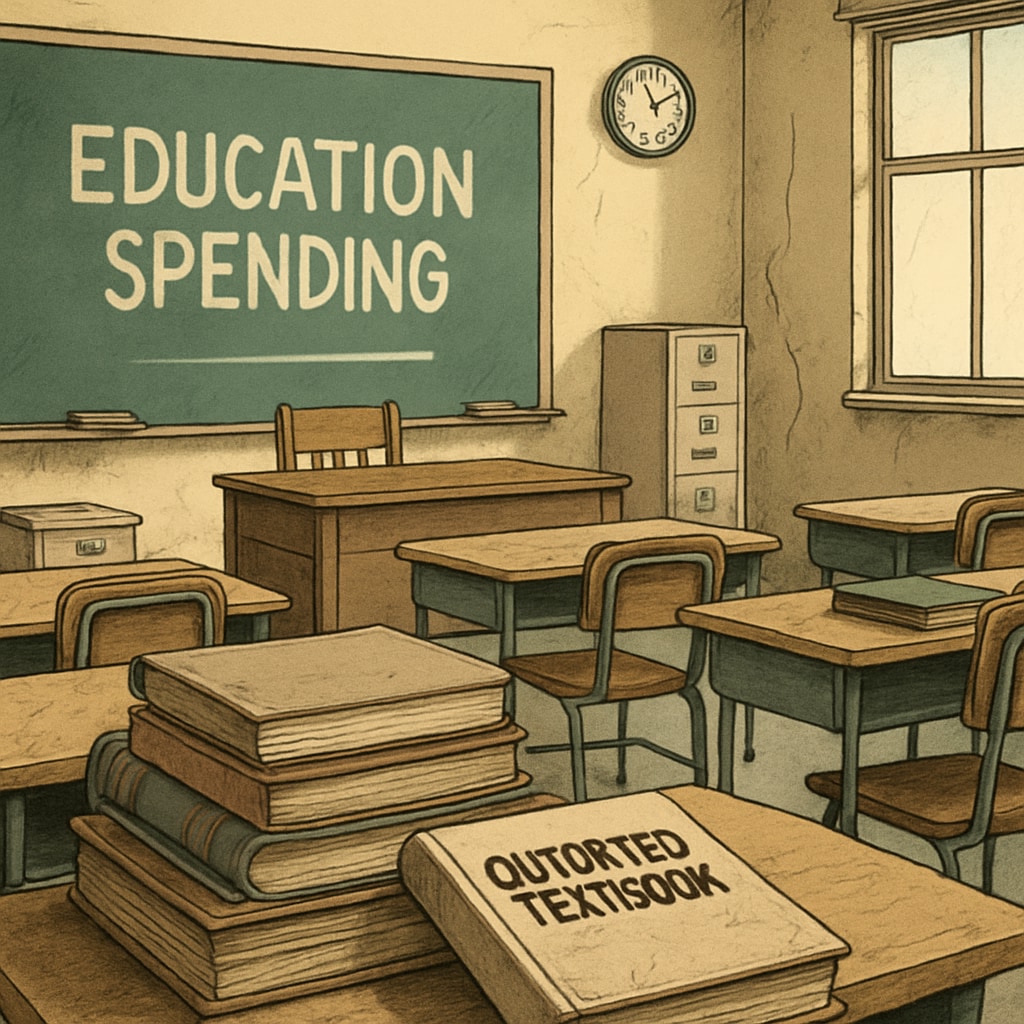 A classroom with outdated textbooks and minimal resources, illustrating the disparity between reported spending and actual student benefits. Classroom showing resource gaps despite inflated per-student spending metrics.