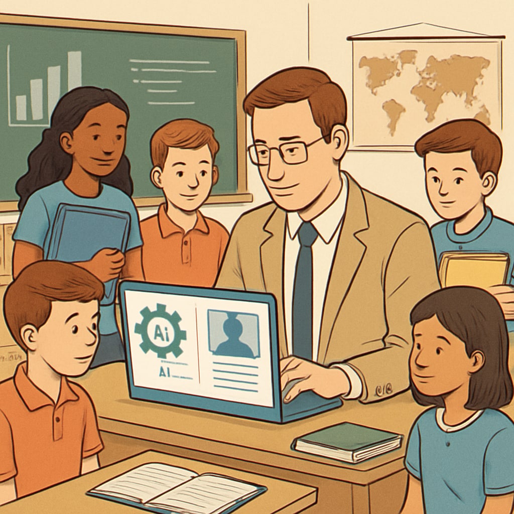 Teacher using AI tools to review student portfolios in an educational setting.