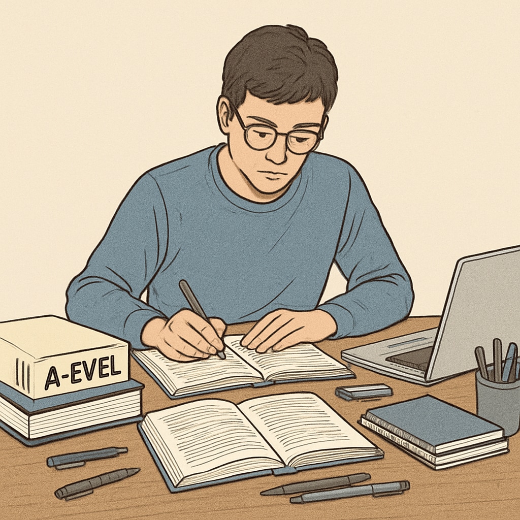 A student revising for A-Level exams with study materials spread across a desk. Student studying for A-Level exams, highlighting preparation for university entry.