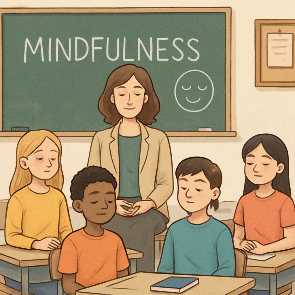 A classroom setting where students and a teacher engage in mindfulness exercises, symbolizing holistic education practices. Students and teacher practicing mindfulness, reflecting Sadhguru’s holistic education.