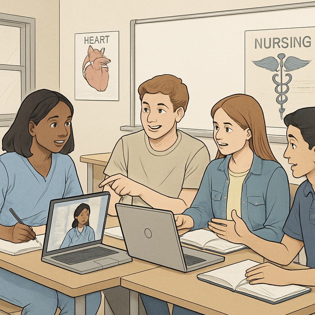 Nursing students engaging in an online learning group.