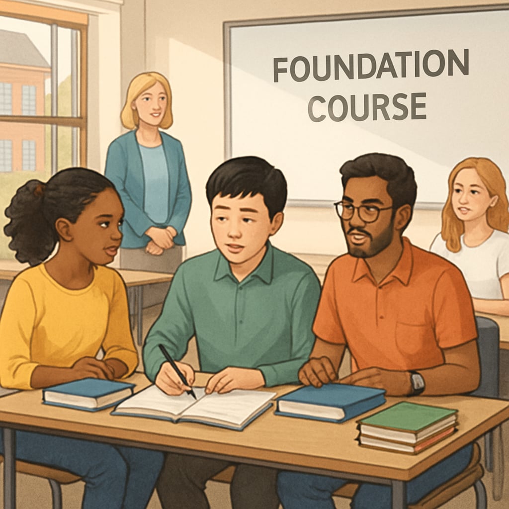 An international student attending a foundation course at a university abroad, sitting in a classroom with peers from diverse backgrounds. Foundation course abroad with international students preparing for university.