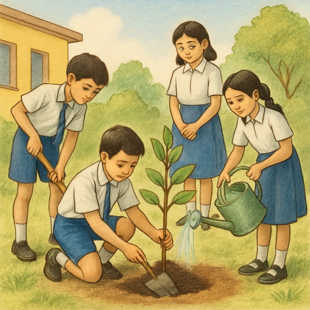Students engaging in a tree-planting activity, reflecting Sadhguru’s environmental initiatives and their integration into education. Students planting trees, inspired by Sadhguru’s environmental teachings.
