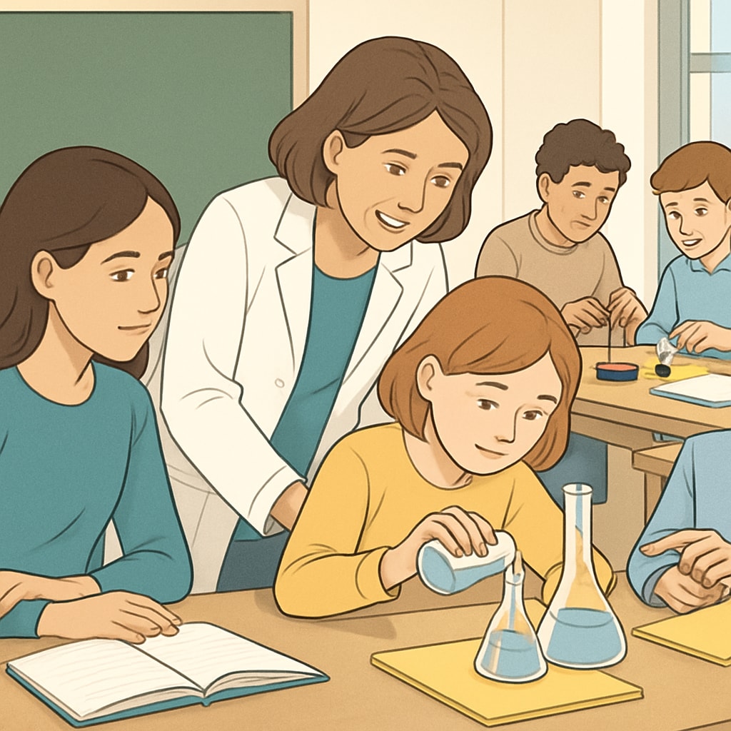 Students working in small groups on a hands-on science experiment, with teacher guidance. English Language Learners collaborating on a science experiment, using visual aids and peer learning.