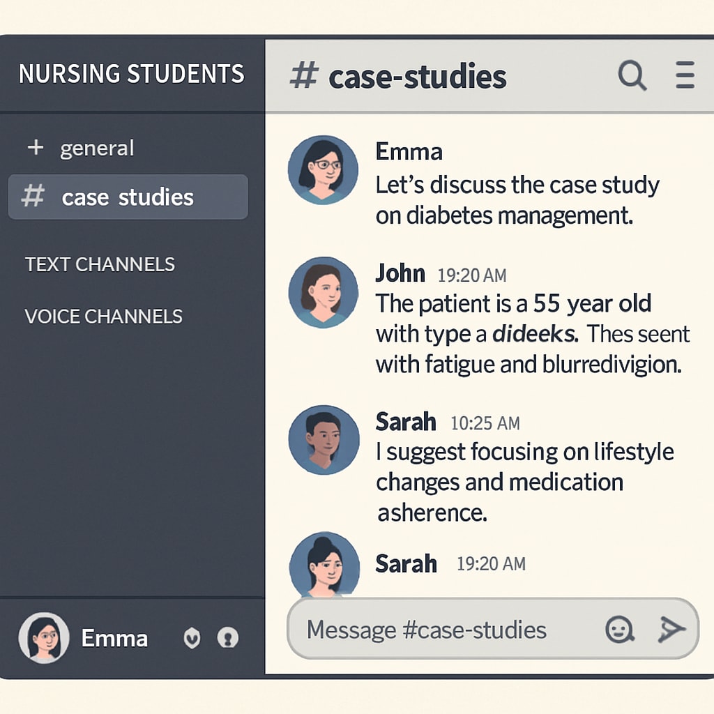Nursing students discussing case studies on a Discord server.