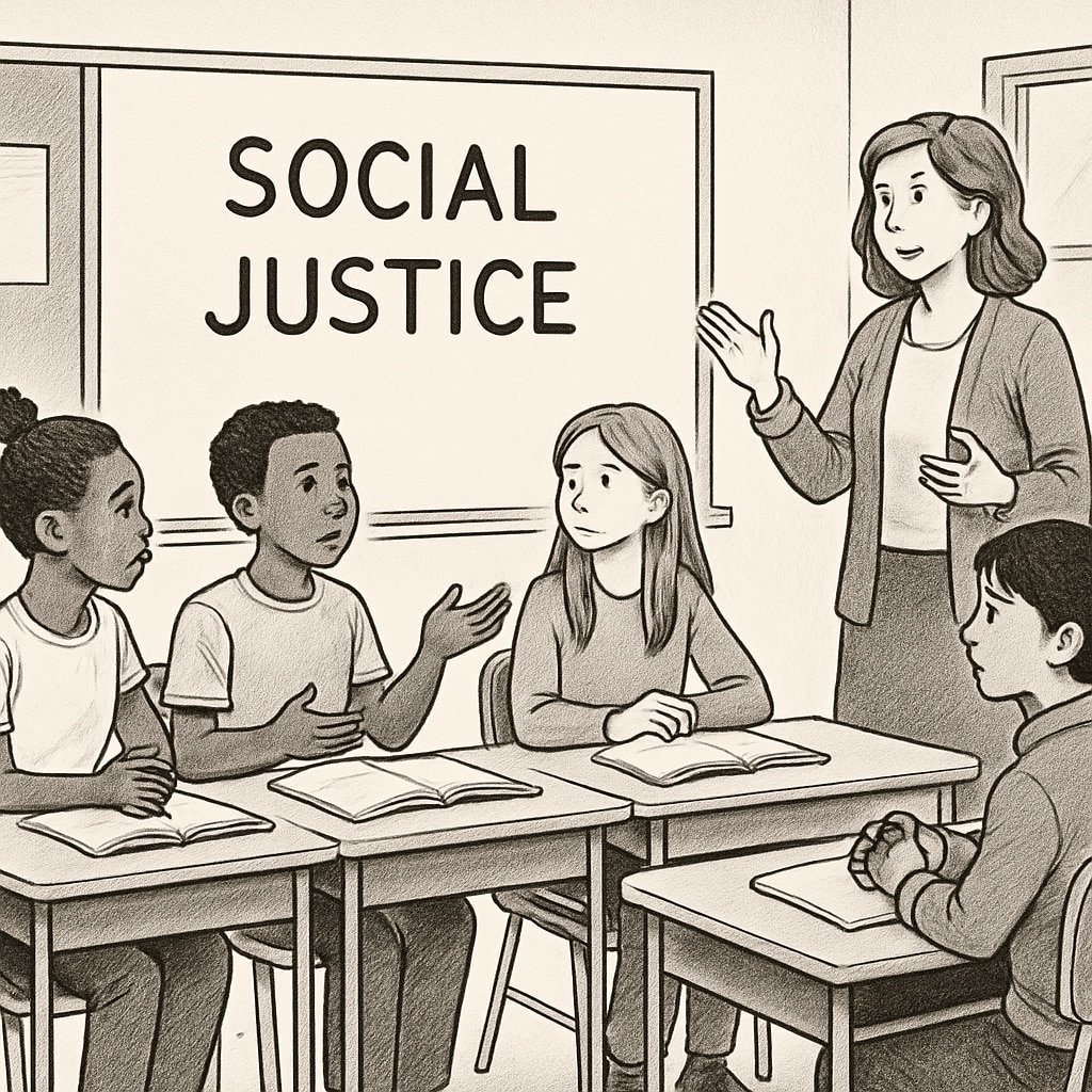 A classroom with students discussing social justice topics, with a teacher facilitating a balanced discussion. Students in a classroom discussing awakened education and social justice topics.