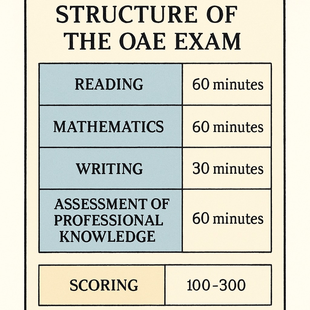 A visual representation of the OAE exam structure, including subtest categories, timing, and scoring details. Chart showing OAE exam structure, timing, and scoring.