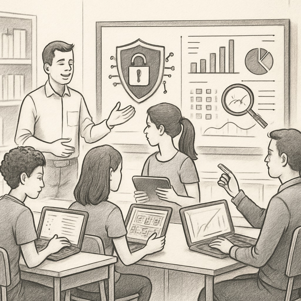 Students learning cybersecurity and data science through interactive activities.