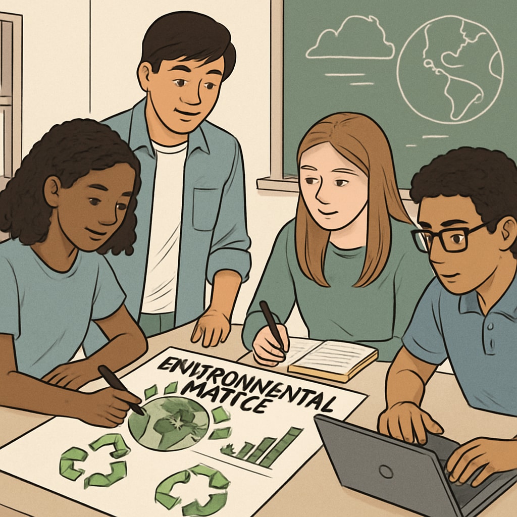 A diverse group of students collaborating on a project related to environmental justice, illustrating practical application of awakened education themes. Students working together on an environmental justice project as part of awakened education.
