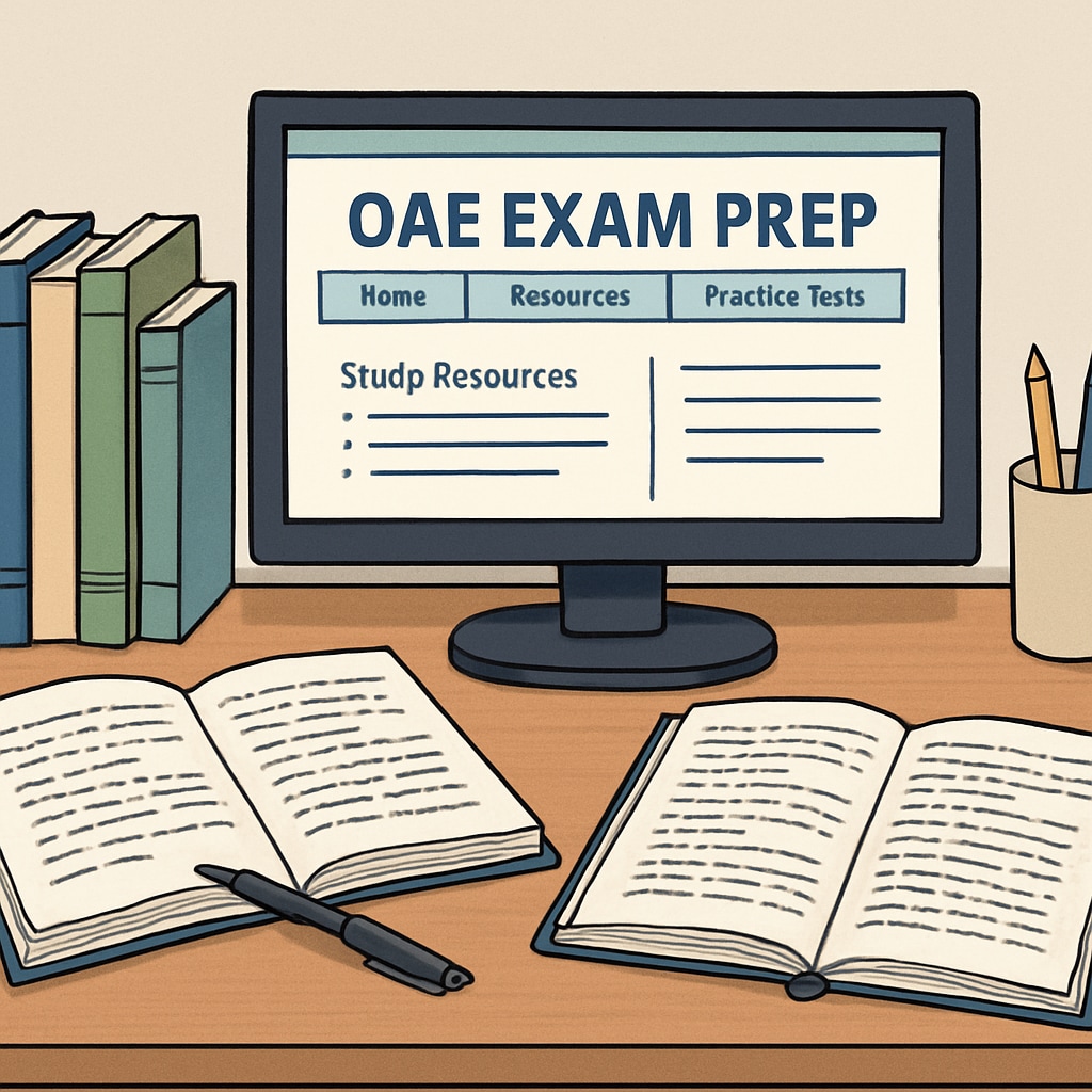 A study desk setup with books, notes, and a computer showing online study resources for OAE exam preparation. Study desk with OAE exam preparation materials.
