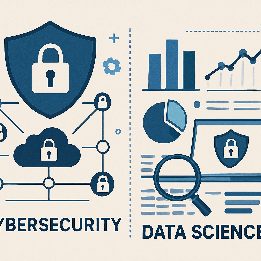 Graphic showing cybersecurity and data science concepts such as secure networks and data visualization.